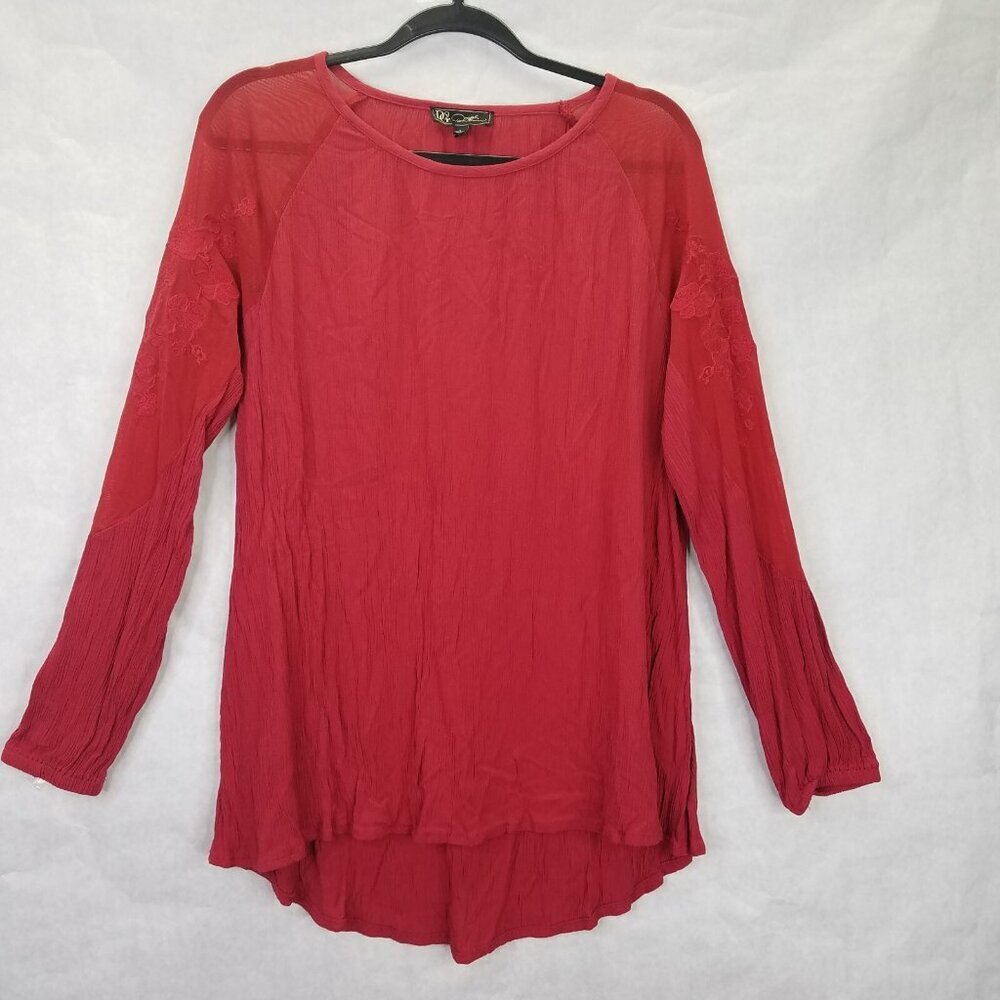 DG2 Diane Gilman Blouse Womens L Long Sleeve Red Embroidered Mesh Shoulder Crepe